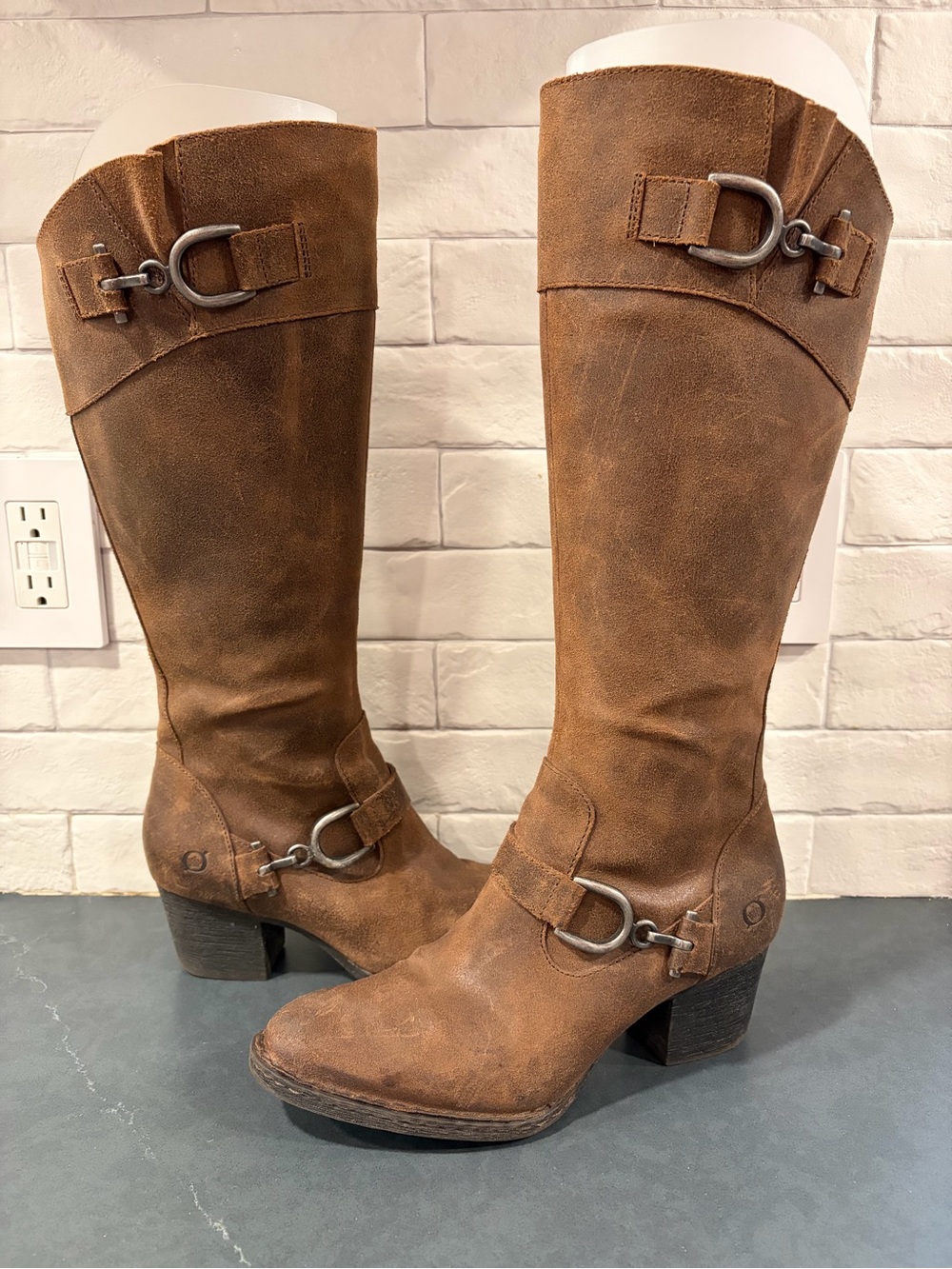 Born Brown Suede Mid-Calf Riding Boots with Buckle Harness